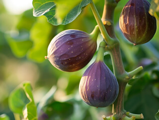 Poster - Purple figs ripening on the tree with sun filtering through leaves.