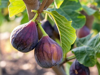 Poster - Purple figs ripening on the tree with sun filtering through leaves.