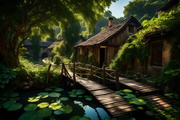 Wall Mural - The tranquil beauty of a slender stream weaving through the front of a village house