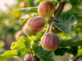 Wall Mural - Close-up of juicy figs ripening on the branch in the sunlight.