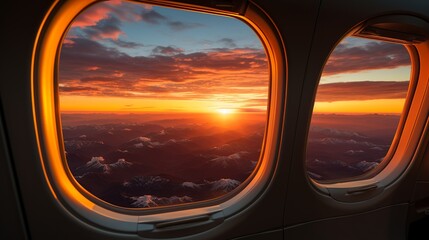 Wall Mural - Beautiful scenery of sunset through the window airplane.
