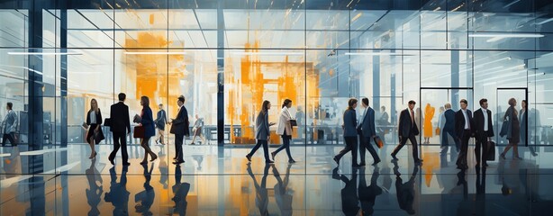 Dynamic image of silhouettes of businesspeople walking inside a contemporary office with reflective surfaces.