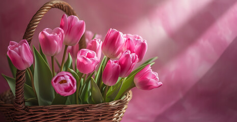 Wall Mural - pink tulips in a basket with a pink background in