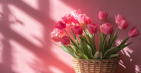 Wall Mural - pink tulips in wicker basket sitting on a pink wall i
