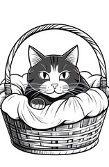Wall Mural - cat in a basket. Coloring book antistress for children and adults. Illustration isolated on white background. Zen-tangle style. Hand draw