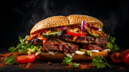 Top view delicious meat sandwich made of meat grilled on a spit with vegetables and seasonings on blue desk burger meat meal lunch food sandwich