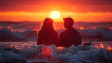  A Man And A Woman Sitting On The Beach Watching The Sun Go Down Over The Ocean With Foamy Waves In The Foreground And The Sun Setting Behind Them.