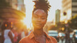Confident Young African American Woman Standing Out in Crowd - Urban Street Style with Sunset Backligh