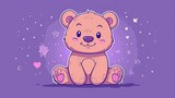  a brown teddy bear sitting in the middle of a purple background with a pink heart on it's chest and a purple background with stars and hearts around it.