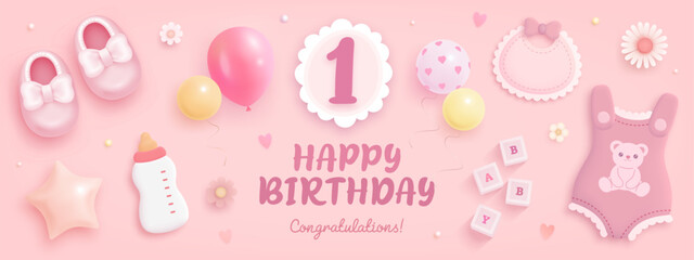 Wall Mural - Number 1 birthday celebration greeting card or banner with realistic cartoon baby shoes and helium balloons on pink background. Happy birthday template