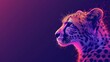  a close up of a cheetah's face on a purple and pink background with spots of light coming from the top of the cheetah cheetah's head.