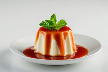 Wall Mural - Caramel custard with sauce and mint on white background