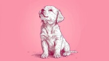  A Drawing Of A Dog Sitting In Front Of A Pink Background With A White Outline Of A Dog On It's Face And A Pink Background With A Pink Border.