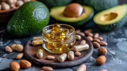 Wall Mural - A health-focused image showcasing magnesium supplement capsules alongside natural magnesium-rich foods such as sliced avocado, fresh broccoli, and a variety of nuts like almonds and cashews.