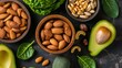 A health-focused image showcasing magnesium supplement capsules alongside natural magnesium-rich foods such as sliced avocado, fresh broccoli, and a variety of nuts like almonds and cashews.