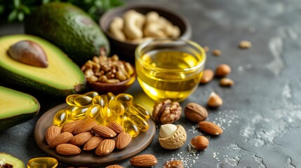 Wall Mural - A health-focused image showcasing magnesium supplement capsules alongside natural magnesium-rich foods such as sliced avocado, fresh broccoli, and a variety of nuts like almonds and cashews.