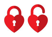 Security Heart Icon Set Lock And Unlock With Key Hole In Red Color Minimal Concept Design. Valentine's Red Heart Icon With Keyhole.
