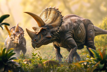 AI Generated Image. Triceratops Family In Nature