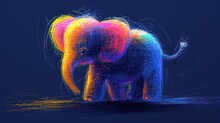  A Colorful Drawing Of An Elephant Standing On A Body Of Water With Its Trunk In The Air And It's Trunk In The Air As If It's Trunk.