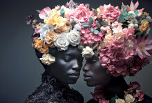Two Men With Flowers On Their Heads. Generative AI