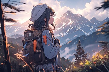 Wall Mural - adorable anime girl tourist with a hiking backpack admiring the view of the mountains