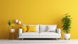 Interior scene mock up with yellow wall room and white sofa minimalism. 3d rendering