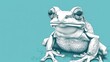  a close up of a frog on a blue background with a black and white image of a frog on the front of it's head and the back of the frog's head.