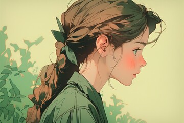portrait in profile of anime girl with braid hairstyle on a green background