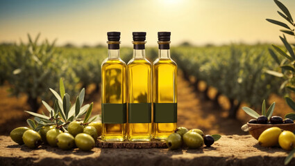 Olive oil bottles, space for text, label, mockup