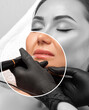 Permanent make-up for lips of beautiful woman in beauty salon. Closeup beautician doing eyebrows tattooing. arrows on the eyes