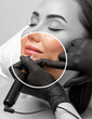 Permanent make-up for lips of beautiful woman in beauty salon. Closeup beautician doing eyebrows tattooing. arrows on the eyes