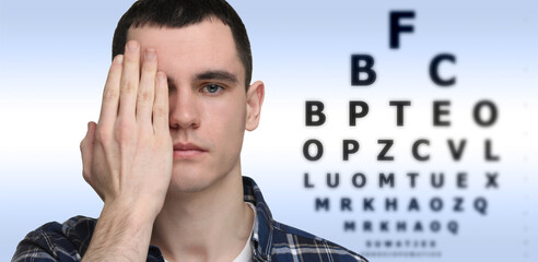 Poster - Vision test. Young man and eye chart on gradient background. Banner design