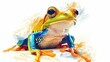  a painting of a frog sitting on a white surface with orange and blue spots on it's back legs and eyes, with a white background and a white background.