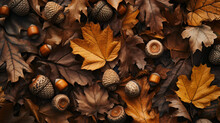 A Seasonal Flat Lay Of Dried Leaves And Acorns Telling A Story Of Autumns End.
