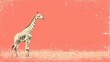  a giraffe standing in the middle of a field with a red wall in the background and a black and white drawing of a giraffe in the foreground.