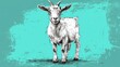  a drawing of a goat standing in front of a teal green background with a black outline of a goat's head on the left side of the goat's head.