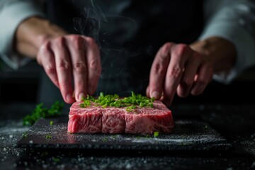 Sticker - Chef prepares wagyu beef with dark backdrop