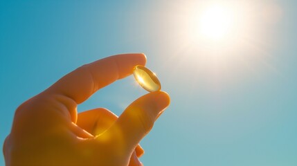 Wall Mural - Fish oil capsule, symbolizing vitamin D supplementation. The background is bathed in warm sunlight, emphasizing the importance of vitamin D for a robust immune system and overall health.