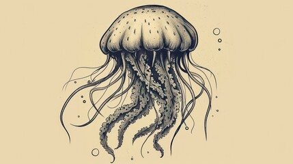  a drawing of a jellyfish in black and white on a beige background, with bubbles of water on the bottom of the head and bottom of the jellyfish's head.