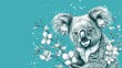  a drawing of a koala sitting on a branch of a tree with white flowers on it's head and a blue background with bubbles of water and bubbles.