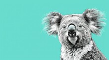  A Black And White Photo Of A Koala On A Teal Background With A Black And White Photo Of A Koala On The Right Side Of It's Face.
