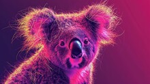  A Close Up Of A Koala On A Purple And Pink Background With A Blurry Image Of The Koala's Head And Neck, With A Pink Background.