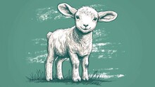  A Drawing Of A Lamb Standing In A Field Of Grass With A Blue Sky In The Background And A Green Sky In The Middle Of The Drawing Is The Image.