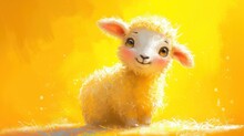  A Painting Of A Little Lamb Sitting On A Yellow Surface With Grass Around It And A Yellow Background Behind It, With The Lamb Looking At The Camera And Smiling At The Viewer.
