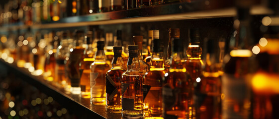 Fototapete - Amber glow of assorted spirits lined up on a bar shelf, creating an inviting atmosphere