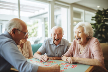 Three seniors laugh heartily during board game in geriatric clinic or nursing home