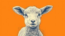  A Drawing Of A Sheep's Face On An Orange Background With A Black And White Drawing Of A Sheep's Head On An Orange Background With A Black And White Border.