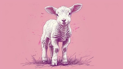  a baby sheep standing on top of a grass covered field next to a pink wall and a pink wall with a painting of a baby sheep on it's face.