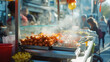 A street food scene with a sizzling hot dog stand in a bustling city environment.