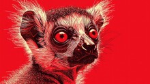  A Close Up Of A Small Animal With Red Eyes And A Weird Look On It's Face, On A Red Background With A Black And White Outline Of A Red Background.